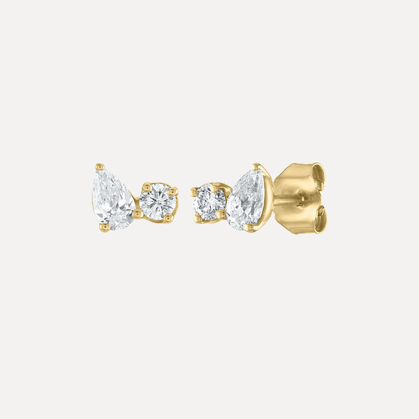 Mini Baguette + Round Trio Studs 14K Yellow Gold / Pair